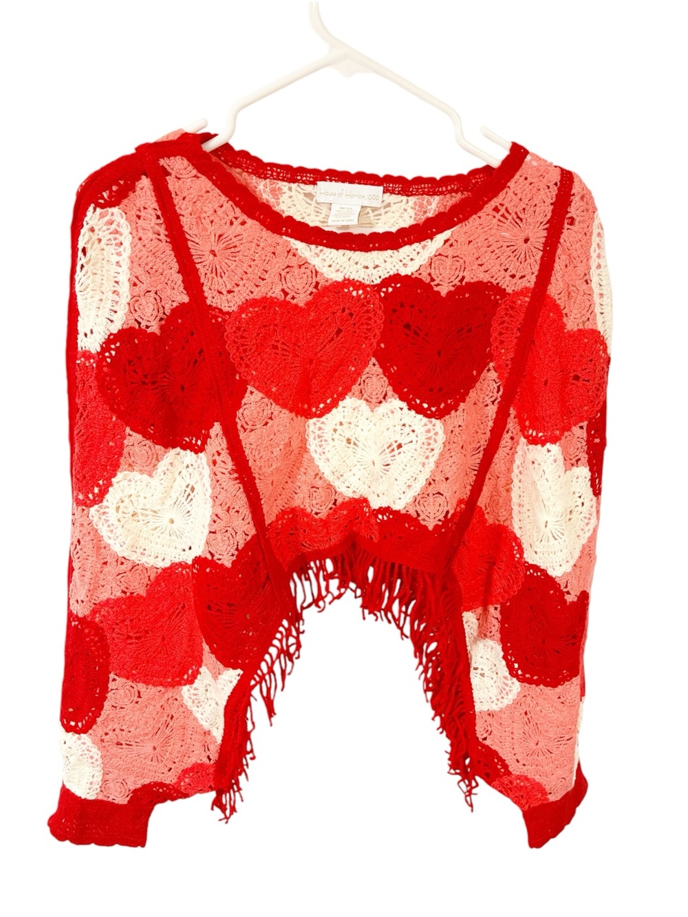 House of Harlow Red White Hearts Crotchet Fringe Knit Top One Size